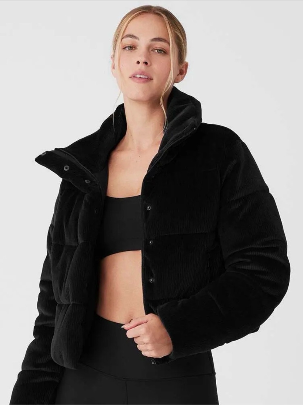 ALO Yoga Ribbed Velour Gold Rush Puffer Jacket Black XS Cropped Luxury Coat